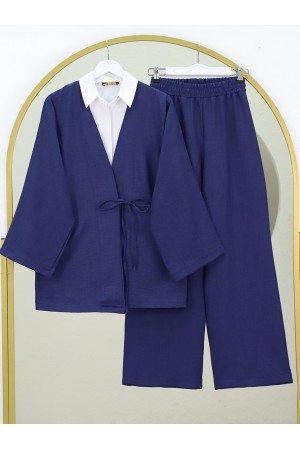 Front Tie Trouser Kimono Set -Navy blue
