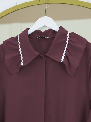 Yakası Süzene Nakış Detaylı Kolu Lastikli Poplin Tunik  -Bordo