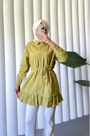 Etek Ucu Katlı Fırfırlı Düğmeli Poplin Gömlek Tunik -Yağ Yeşili