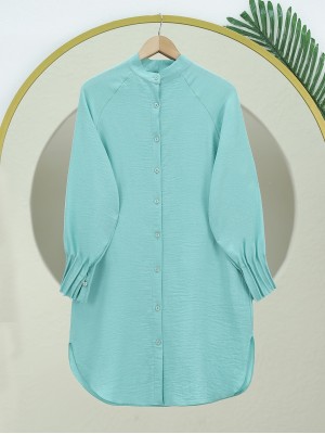 Kolu Nervürlü Eteği Oval Kesim Uzun Tunik -Su Yeşili