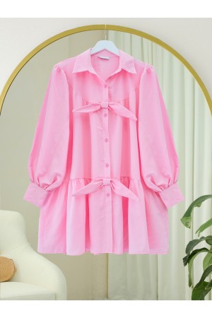 Önü Düğmeli Kurdela Detaylı Salaş Gömlek -Pembe