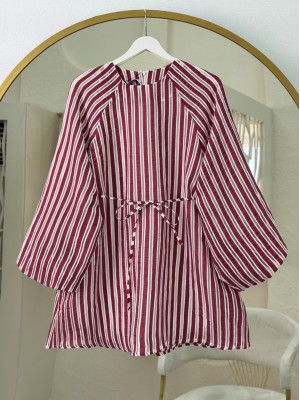 Balon Kol Belden Bağlamalı Astarlı Çizgili Tunik -Bordo