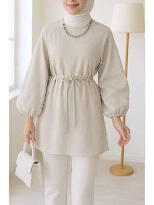 Yuvarlak Yaka Beli Bağcıklı Balon Kol Tunik  -Taş