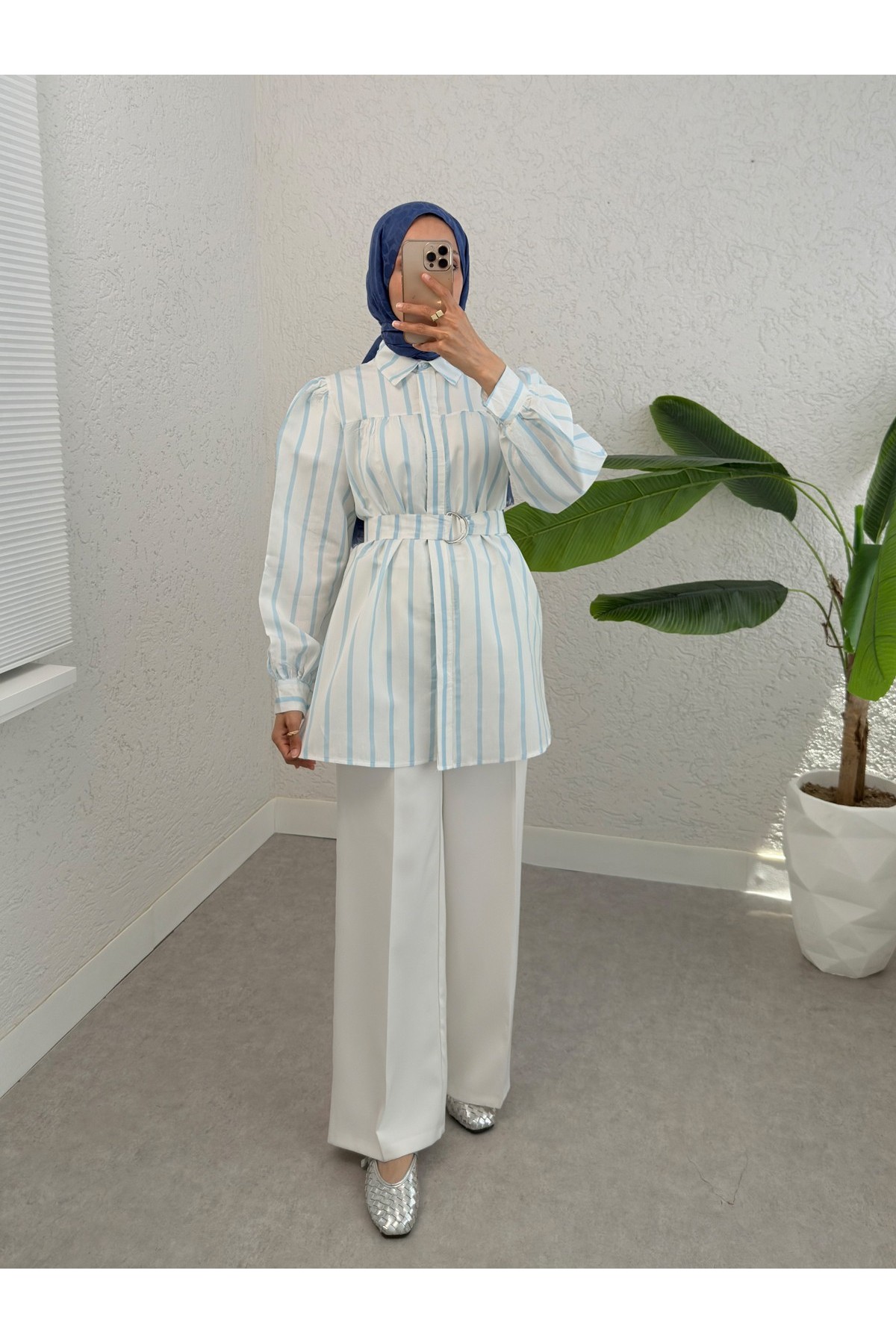Thick Striped Buckle Belt Shirt -Light blue