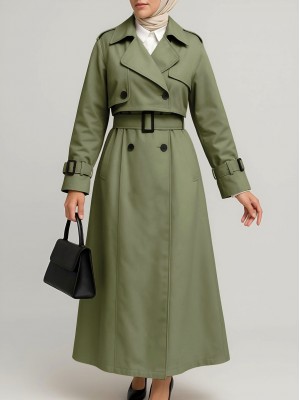 Eteği Pliseli Bolerolu Kemerli Trençkot -Haki