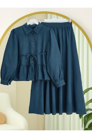 Skirt Suit with Frilled Buttons and Tied Waist  -Navy blue