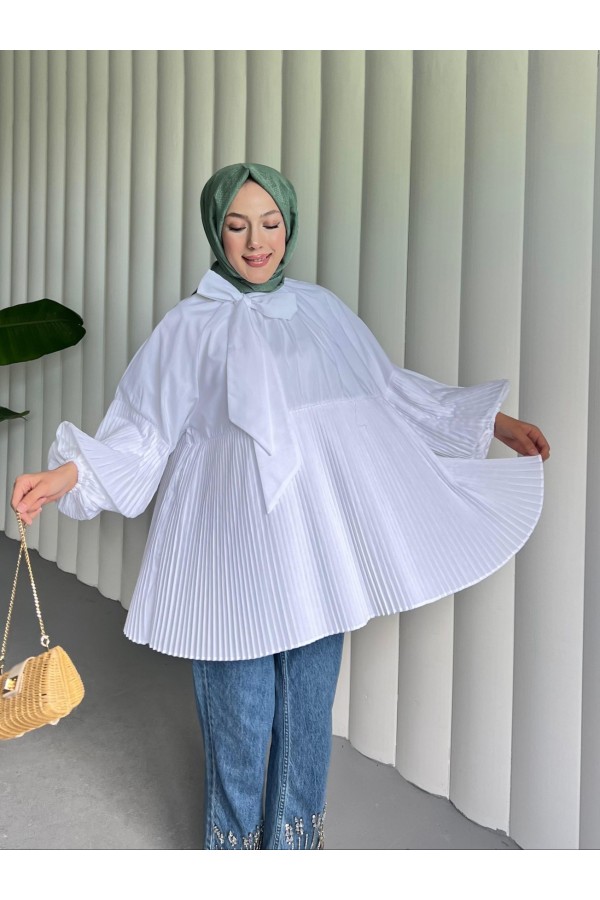 تونيك بأكمام مطوية وتنورة بياقة برباط -أبيض