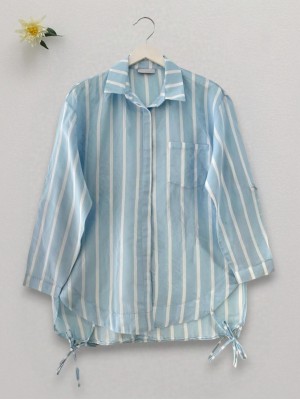 Yandan Bağlamalı Cepli Çizgili Gömlek -Bebe Mavi