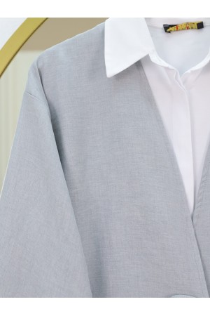 Front Tie Trouser Kimono Set   -Grey