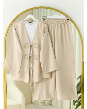 Önü Çift Bağlamalı Pantolonlu Kimono Takım       -Taş