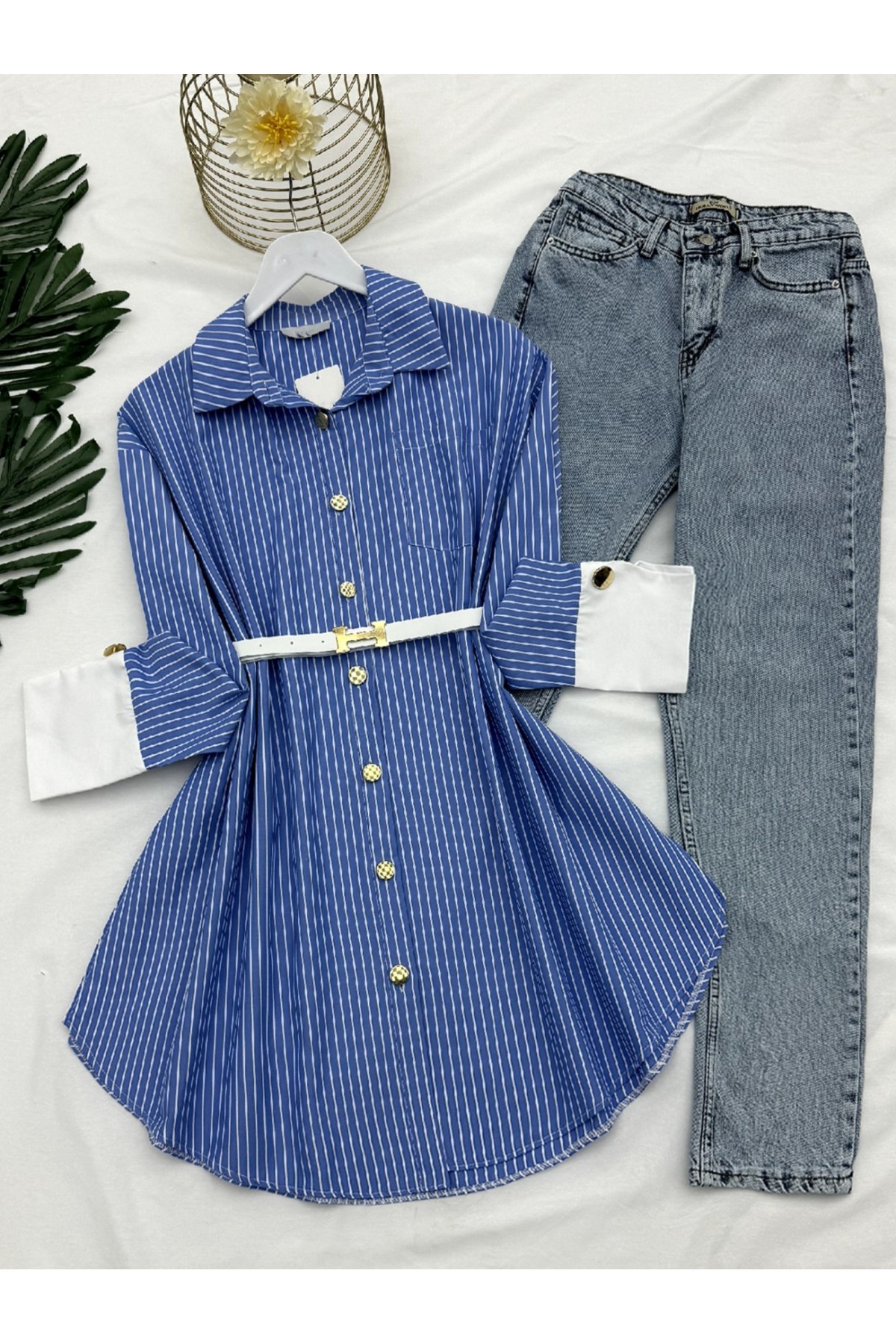 Metal Button Belted Striped Tunic -Blue