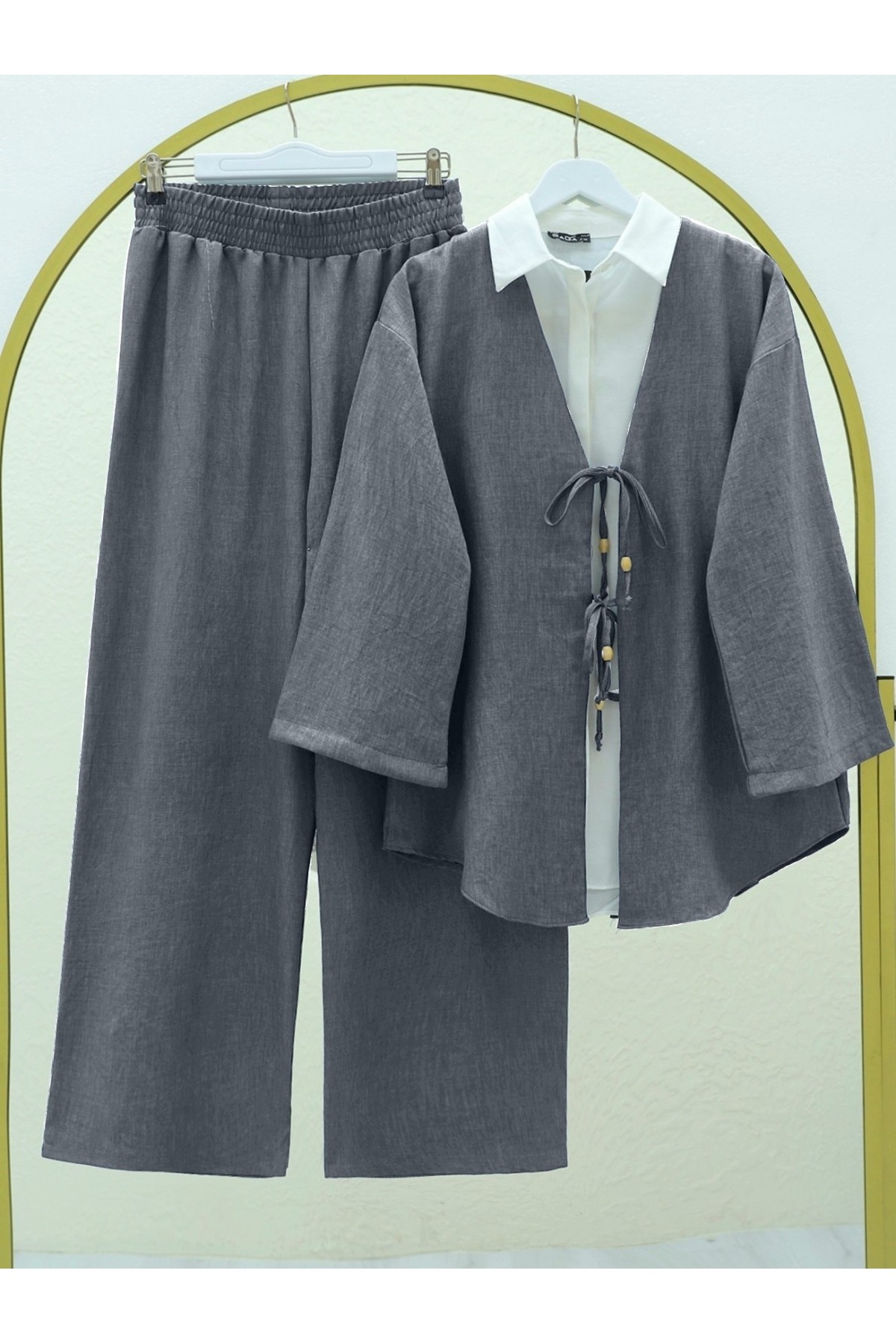 Önü Çift Bağlamalı Pantolonlu Kimono Takım    -Füme