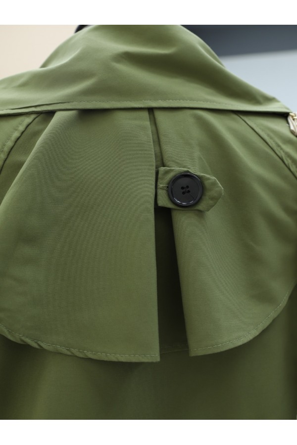 Pleated Skirt Bolero Belted Trench Coat -Khaki