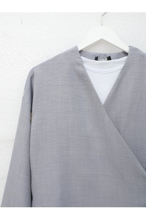 Linen Suit with Side Tie Skirt -Grey