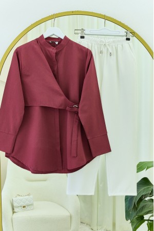 Yandan Bağlamalı Boydan Düğmeli Tunik -Bordo