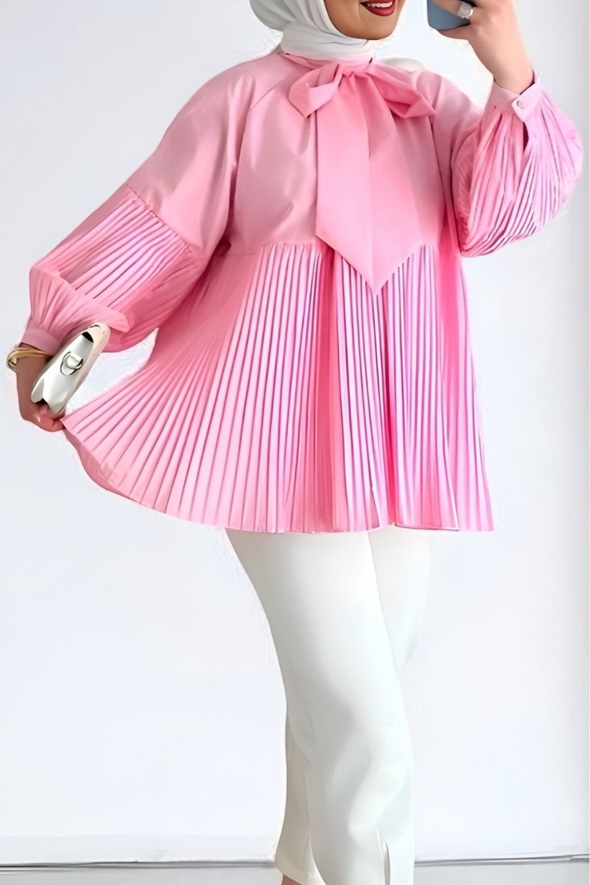 Tunic with Pleated Sleeves and Skirt with Lace-Up Collar -Pink