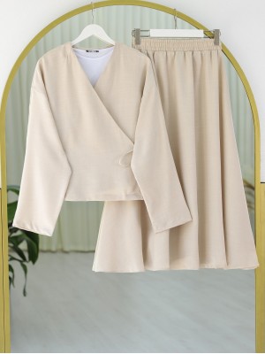 Yandan Bağlamalı Etekli Keten Takım  -Bej