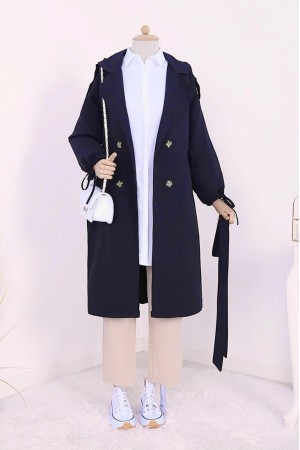 Kapaklı Cepli Kolu Bağcıklı Trençkot  -Navy blue