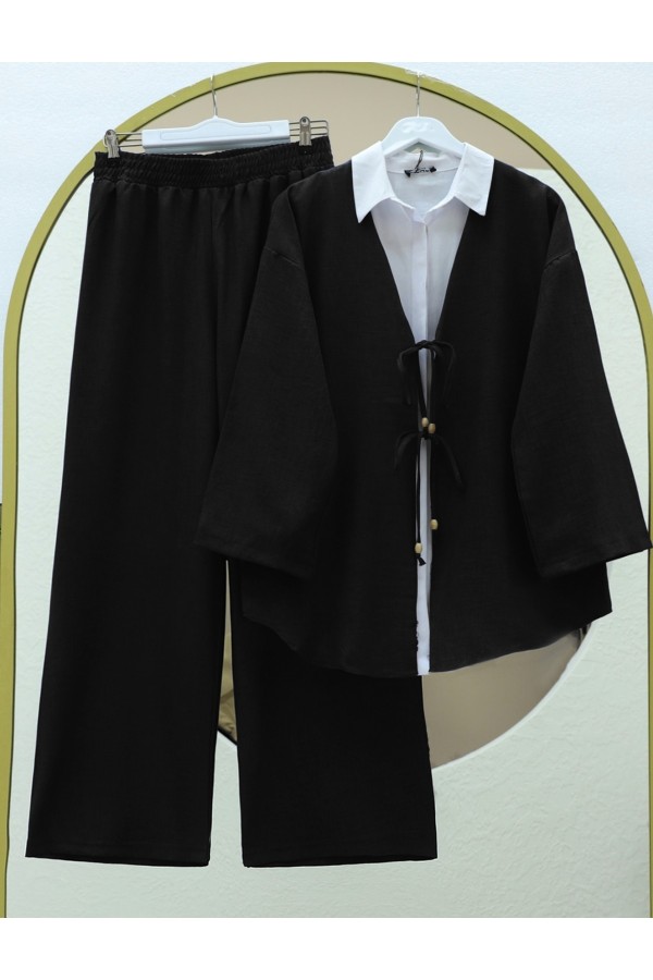 Önü Çift Bağlamalı Pantolonlu Kimono Takım  -Siyah