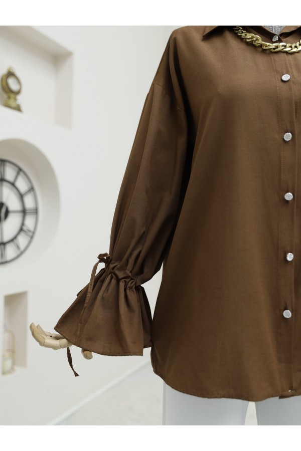 Shirt with gathered sleeves and pleated back -Dark Coffee
