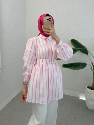 Kalın Çizgili Tokalı Kemerli Gömlek -Pembe