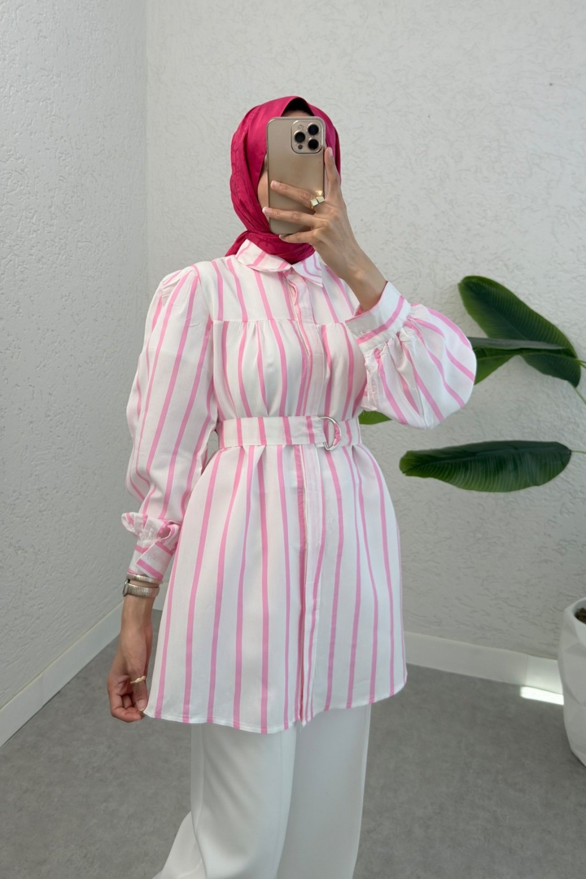 Kalın Çizgili Tokalı Kemerli Gömlek -Pembe