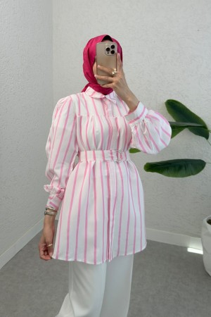 Kalın Çizgili Tokalı Kemerli Gömlek -Pembe
