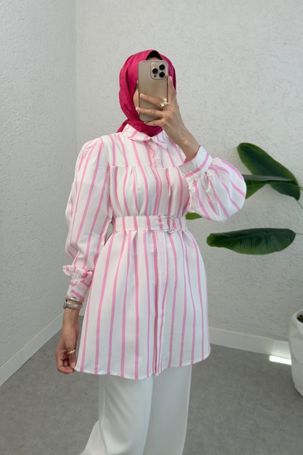 Kalın Çizgili Tokalı Kemerli Gömlek -Pembe