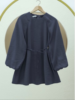 Round Neck Tied Waist Balloon Sleeve Tunic  -parliament