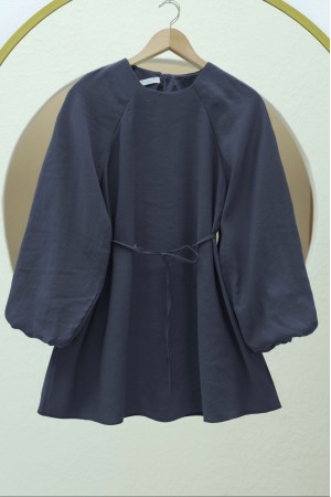 Round Neck Tied Waist Balloon Sleeve Tunic  -parliament