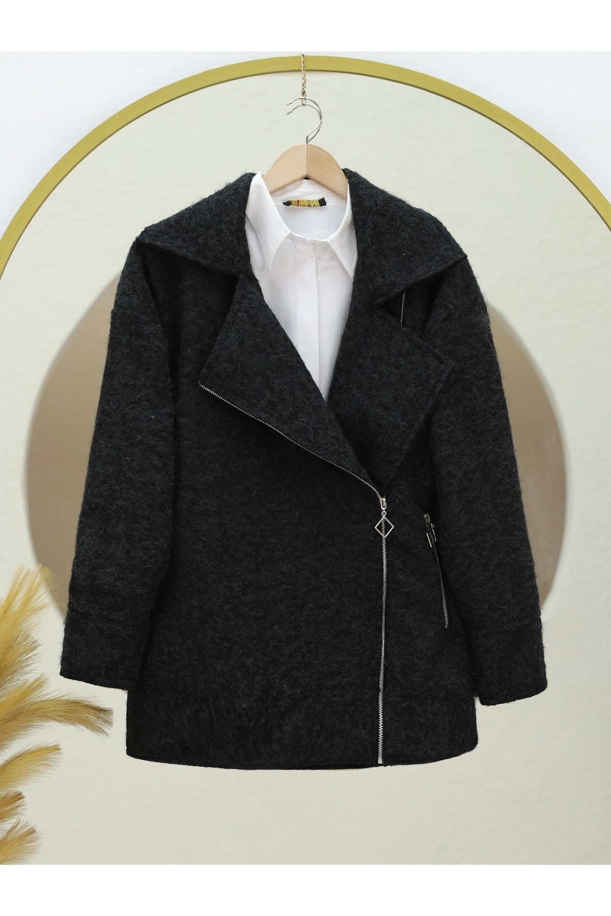 Front and Pocket Zippered Lined Boucle Jacket -Black