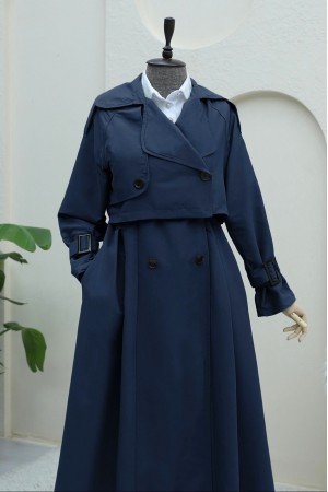 Pleated Skirt Bolero Belted Trench Coat  -Navy blue