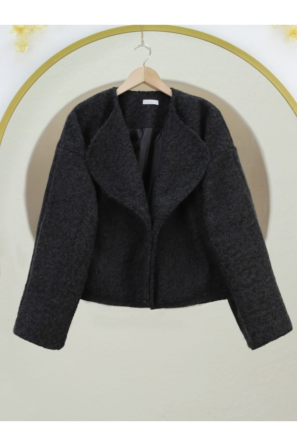 Shawl Collar Lined Pocket Boucle Jacket -Black