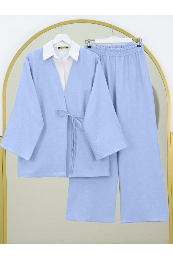 Önden Bağlamalı Pantolonlu Kimono Takım   -Bebe Mavi