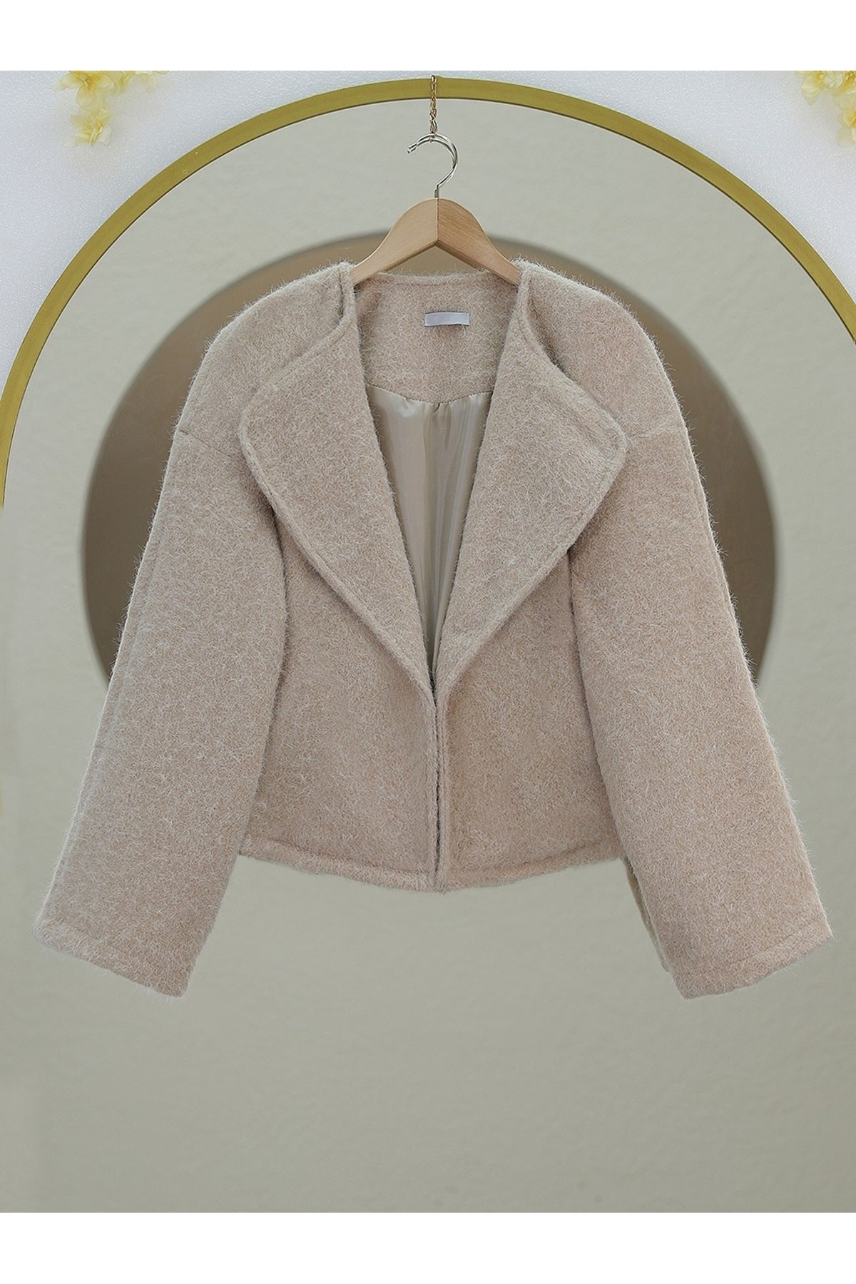 Shawl Collar Lined Pocket Boucle Jacket - Beige