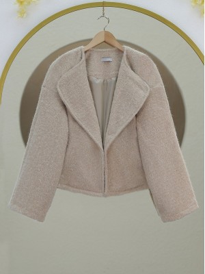 Şal Yaka Astarlı Cepli Buklet Ceket -Bej