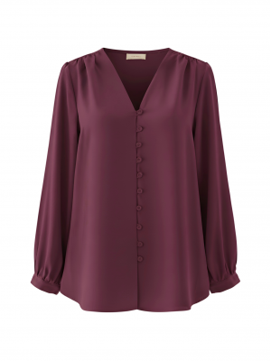 V Yaka Düğmeli Arkası Uzun Gömlek  -Bordo