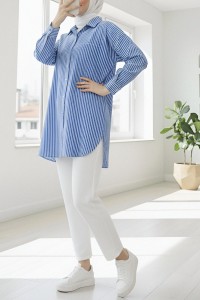 Tek Cepli Çizgili Gömlek  -Mavi