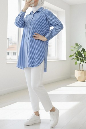 Tek Cepli Çizgili Gömlek  -Mavi