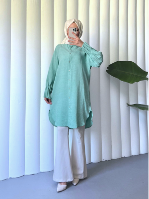 Kolu Nervürlü Eteği Oval Kesim Uzun Tunik -Su Yeşili