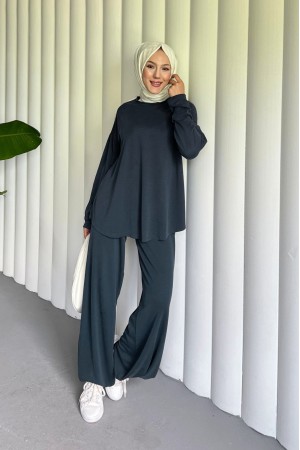 Yuvarlak Yaka Oval Kesim Cepli Pantolonlu Osyho Takım -Antrasit