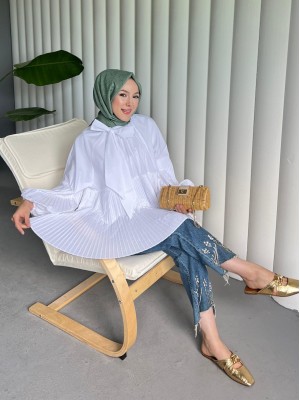 Yakası Bağcıklı Kolları ve Eteği Pliseli Tunik -Beyaz