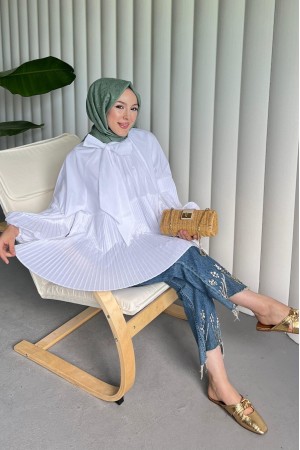 Yakası Bağcıklı Kolları ve Eteği Pliseli Tunik -Beyaz