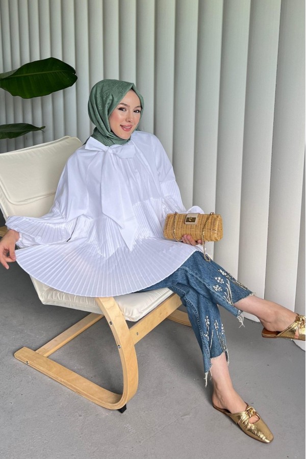 تونيك بأكمام مطوية وتنورة بياقة برباط -أبيض