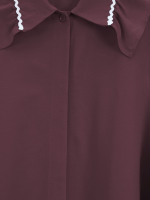 Yakası Süzene Nakış Detaylı Kolu Lastikli Poplin Tunik  -Bordo