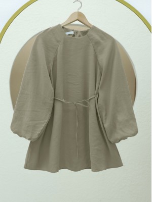 Round Neck Tied Waist Balloon Sleeve Tunic  -Olive