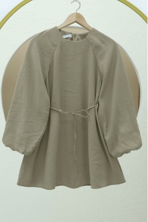 Round Neck Tied Waist Balloon Sleeve Tunic  -Olive