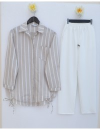 Yandan Bağlamalı Cepli Çizgili Gömlek  -Vizon