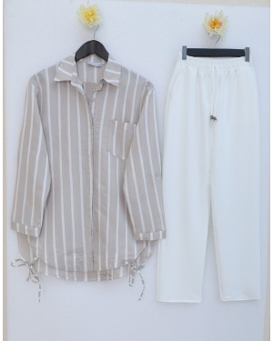 Yandan Bağlamalı Cepli Çizgili Gömlek  -Vizon