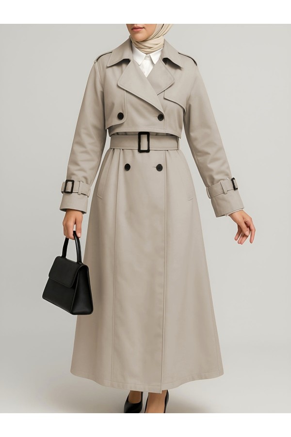 Pleated Skirt Bolero Belted Trench Coat -Stone